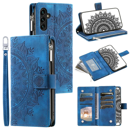 For Samsung Galaxy A34 5G PU Leather Mandala Flower Imprinted Zipper Wallet Case Magnetic Closure Multiple Card Slots Stand Flip Phone Cover with Strap - Blue - 1