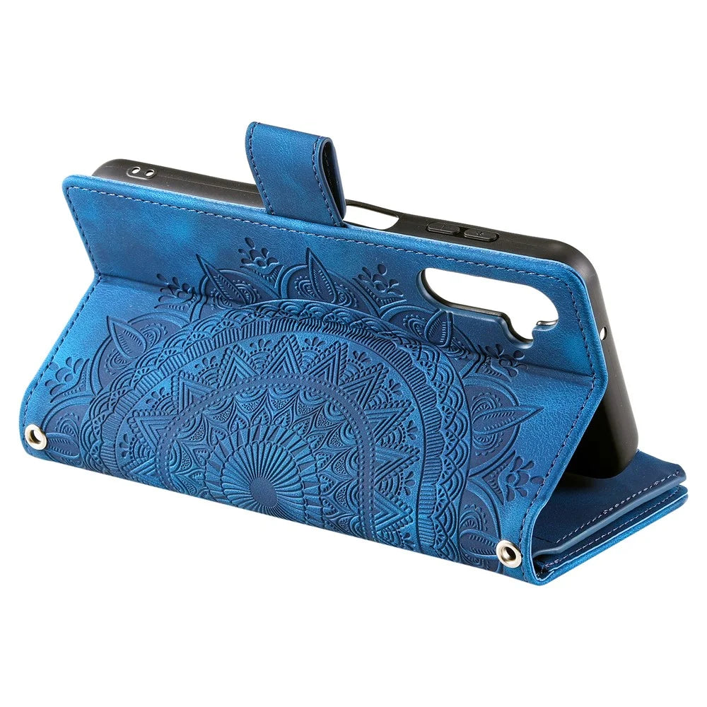 For Samsung Galaxy A34 5G PU Leather Mandala Flower Imprinted Zipper Wallet Case Magnetic Closure Multiple Card Slots Stand Flip Phone Cover with Strap - Blue - 3