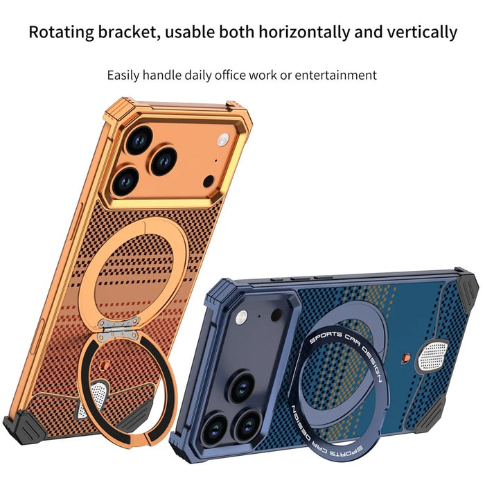 For iPhone 17 Pro Case Magnetic Rotating Kickstand Gradient Aramid Fiber Frameless Phone Cover - Orange - 4