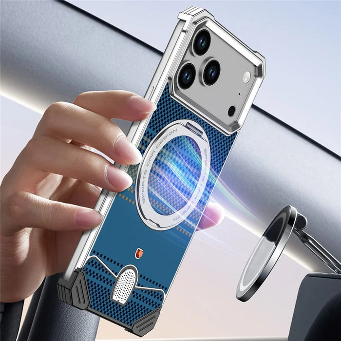For iPhone 17 Pro Case Magnetic Rotating Kickstand Gradient Aramid Fiber Frameless Phone Cover - Orange - 7