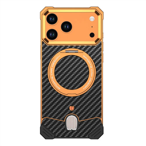 For iPhone 17 Pro Aramid Fiber Case Magnetic Rotating Kickstand Carbon Fiber Texture Frameless Phone Cover - Orange - 1