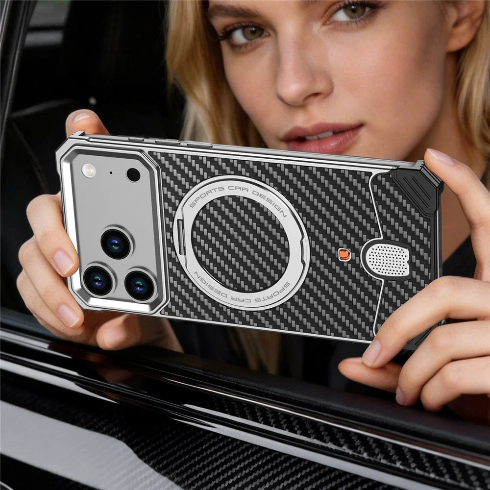 For iPhone 17 Pro Aramid Fiber Case Magnetic Rotating Kickstand Carbon Fiber Texture Frameless Phone Cover - Orange - 7