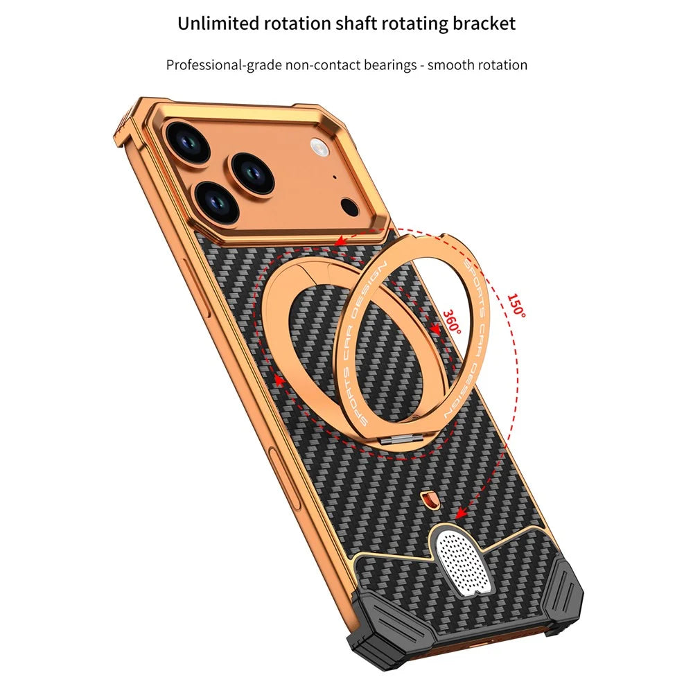For iPhone 17 Pro Max Aramid Fiber Case Magnetic Rotating Kickstand Carbon Fiber Texture Frameless Phone Cover - Orange - 2