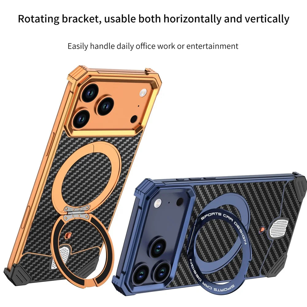 For iPhone 17 Pro Max Aramid Fiber Case Magnetic Rotating Kickstand Carbon Fiber Texture Frameless Phone Cover - Orange - 4