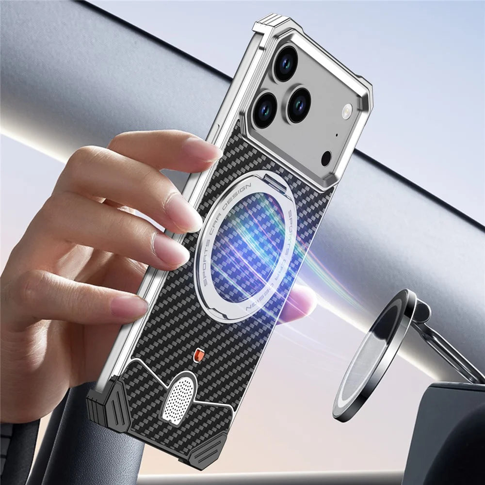 For iPhone 17 Pro Max Aramid Fiber Case Magnetic Rotating Kickstand Carbon Fiber Texture Frameless Phone Cover - Orange - 6