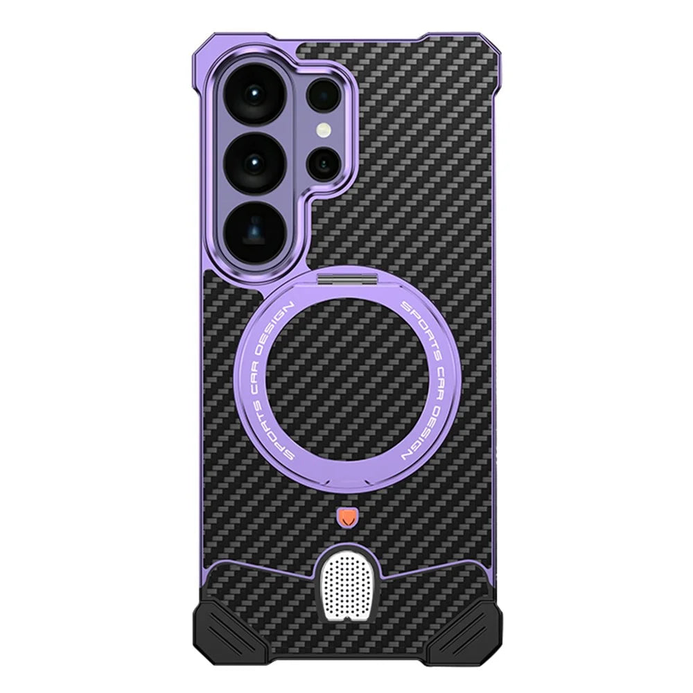For Samsung Galaxy S26 Ultra Aramid Fiber Case Magnetic Rotating Kickstand Carbon Fiber Texture Frameless Phone Cover - Purple - 1
