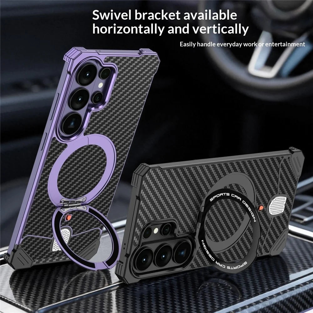 For Samsung Galaxy S26 Ultra Aramid Fiber Case Magnetic Rotating Kickstand Carbon Fiber Texture Frameless Phone Cover - Purple - 2