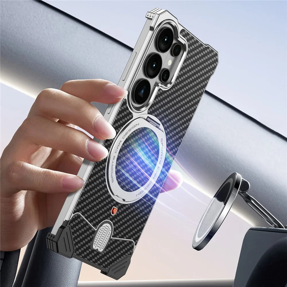 For Samsung Galaxy S26 Ultra Aramid Fiber Case Magnetic Rotating Kickstand Carbon Fiber Texture Frameless Phone Cover - Purple - 4