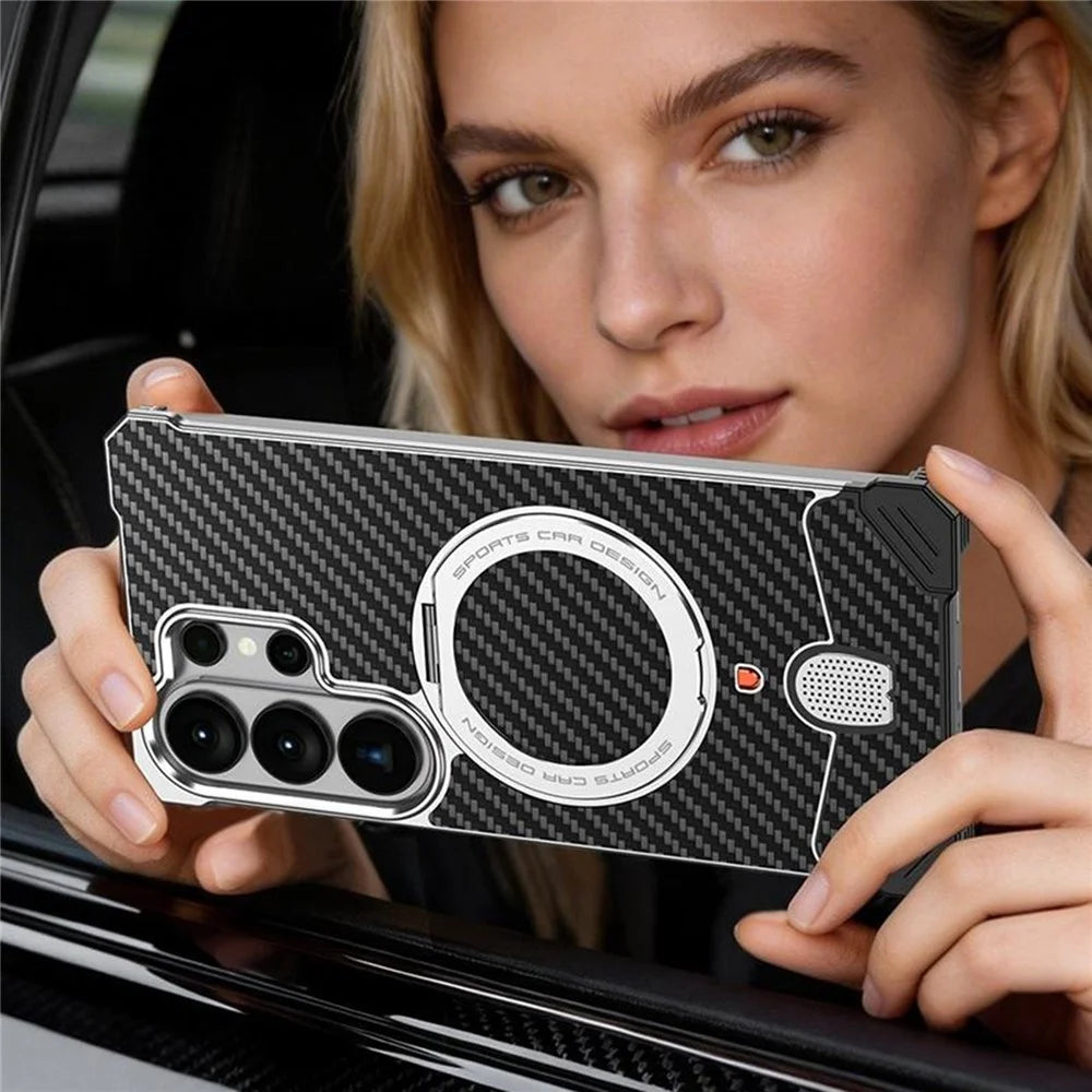 For Samsung Galaxy S26 Ultra Aramid Fiber Case Magnetic Rotating Kickstand Carbon Fiber Texture Frameless Phone Cover - Purple - 6
