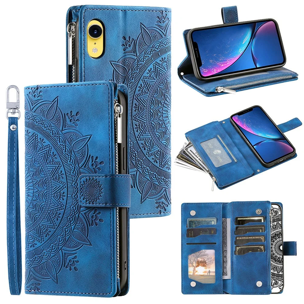 For iPhone XR 6.1 inch Mandala Flower Imprinted PU Leather Case Magnetic Handbag Zipper Pocket Stand Wallet Multiple Card Slots Phone Cover with Strap - Blue - 1