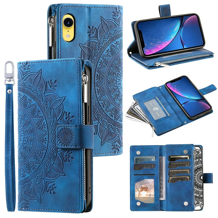 For iPhone XR 6.1 inch Mandala Flower Imprinted PU Leather Case Magnetic Handbag Zipper Pocket Stand Wallet Multiple Card Slots Phone Cover with Strap - Blue - 1
