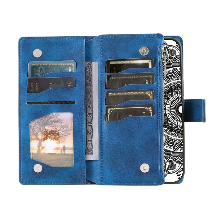 For iPhone XR 6.1 inch Mandala Flower Imprinted PU Leather Case Magnetic Handbag Zipper Pocket Stand Wallet Multiple Card Slots Phone Cover with Strap - Blue - 2