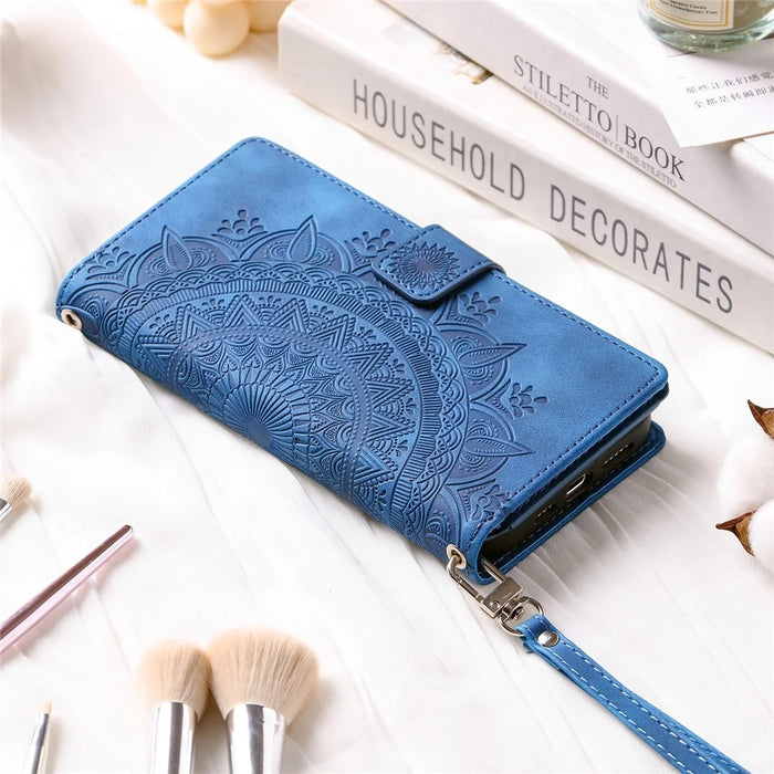 For iPhone XR 6.1 inch Mandala Flower Imprinted PU Leather Case Magnetic Handbag Zipper Pocket Stand Wallet Multiple Card Slots Phone Cover with Strap - Blue - 6