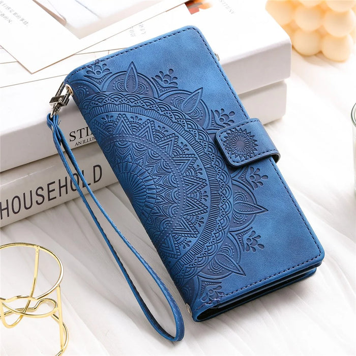 For iPhone XR 6.1 inch Mandala Flower Imprinted PU Leather Case Magnetic Handbag Zipper Pocket Stand Wallet Multiple Card Slots Phone Cover with Strap - Blue - 7