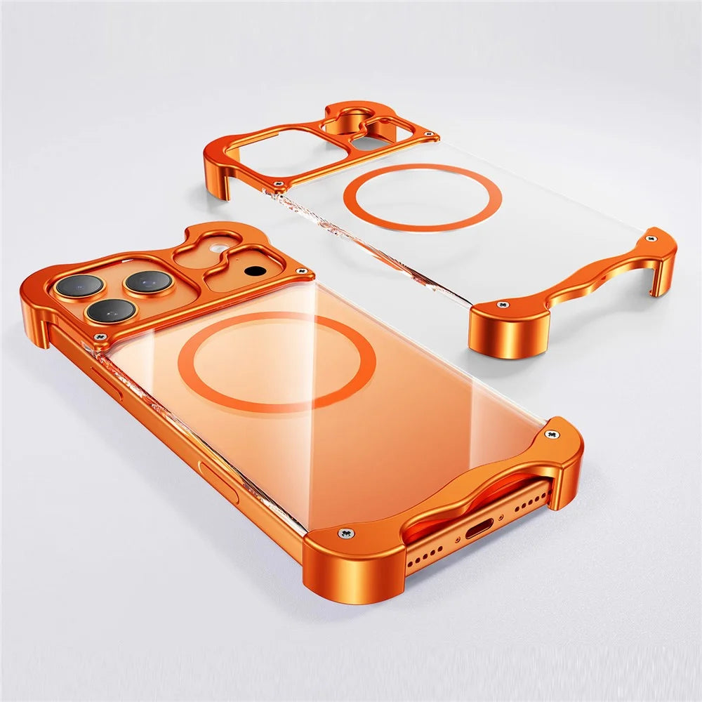 For iPhone 17 Pro Magnetic Case Aluminum Alloy + PC Clear Transparent Frameless Phone Cover - Orange - 1