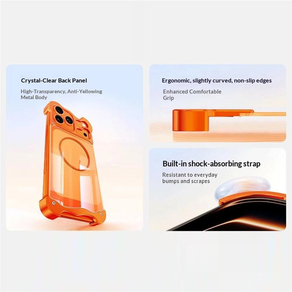 For iPhone 17 Pro Magnetic Case Aluminum Alloy + PC Clear Transparent Frameless Phone Cover - Orange - 2