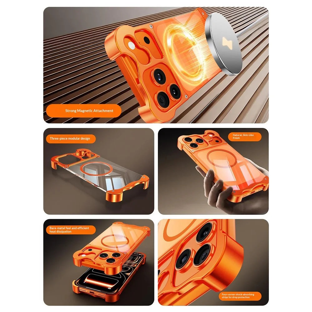 For iPhone 17 Pro Magnetic Case Aluminum Alloy + PC Clear Transparent Frameless Phone Cover - Orange - 3