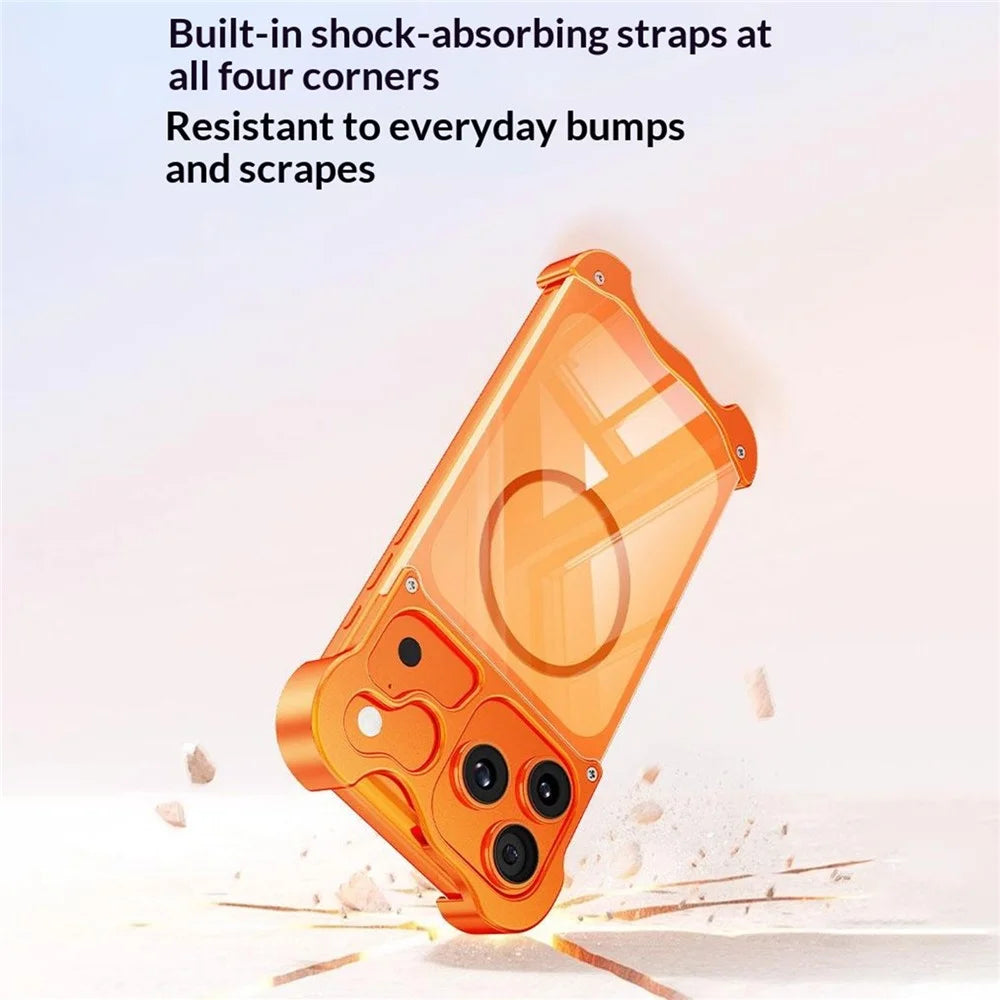 For iPhone 17 Pro Magnetic Case Aluminum Alloy + PC Clear Transparent Frameless Phone Cover - Orange - 4