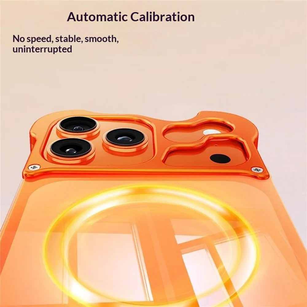 For iPhone 17 Pro Magnetic Case Aluminum Alloy + PC Clear Transparent Frameless Phone Cover - Orange - 5