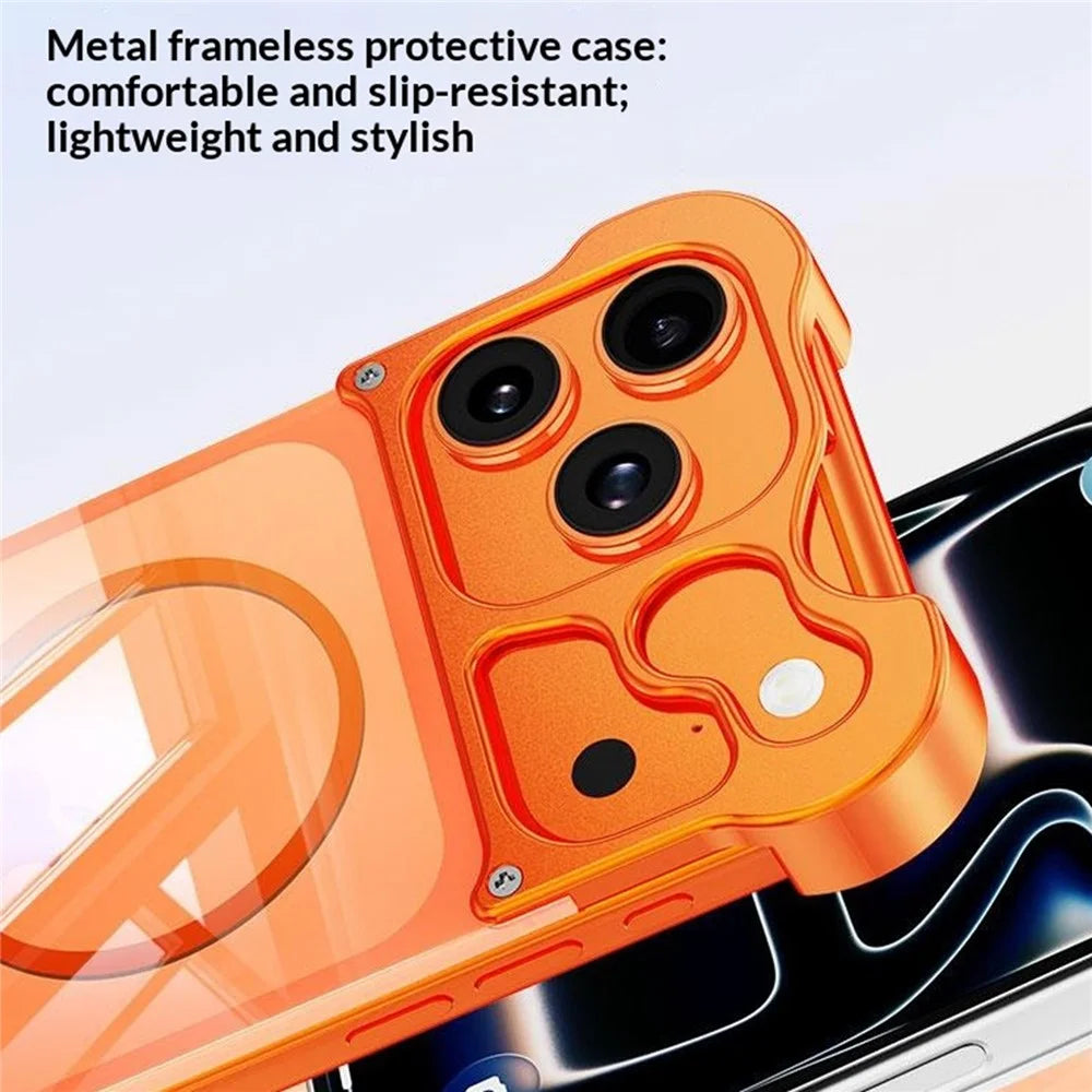 For iPhone 17 Pro Magnetic Case Aluminum Alloy + PC Clear Transparent Frameless Phone Cover - Orange - 6