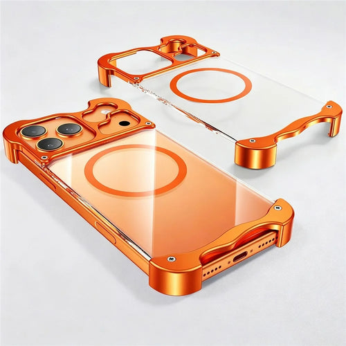 For iPhone 17 Pro Max Magnetic Case Aluminum Alloy + PC Clear Transparent Frameless Phone Cover - Orange - 1