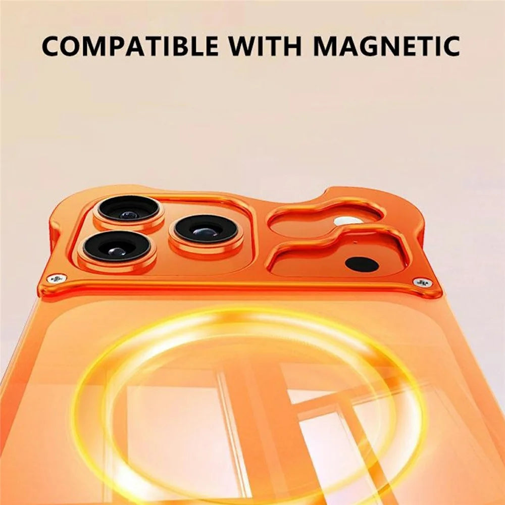 For iPhone 17 Pro Max Magnetic Case Aluminum Alloy + PC Clear Transparent Frameless Phone Cover - Orange - 2