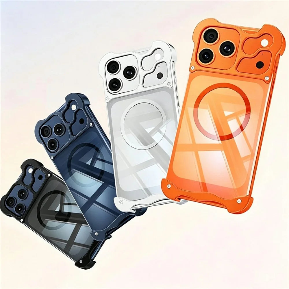 For iPhone 17 Pro Max Magnetic Case Aluminum Alloy + PC Clear Transparent Frameless Phone Cover - Orange - 3