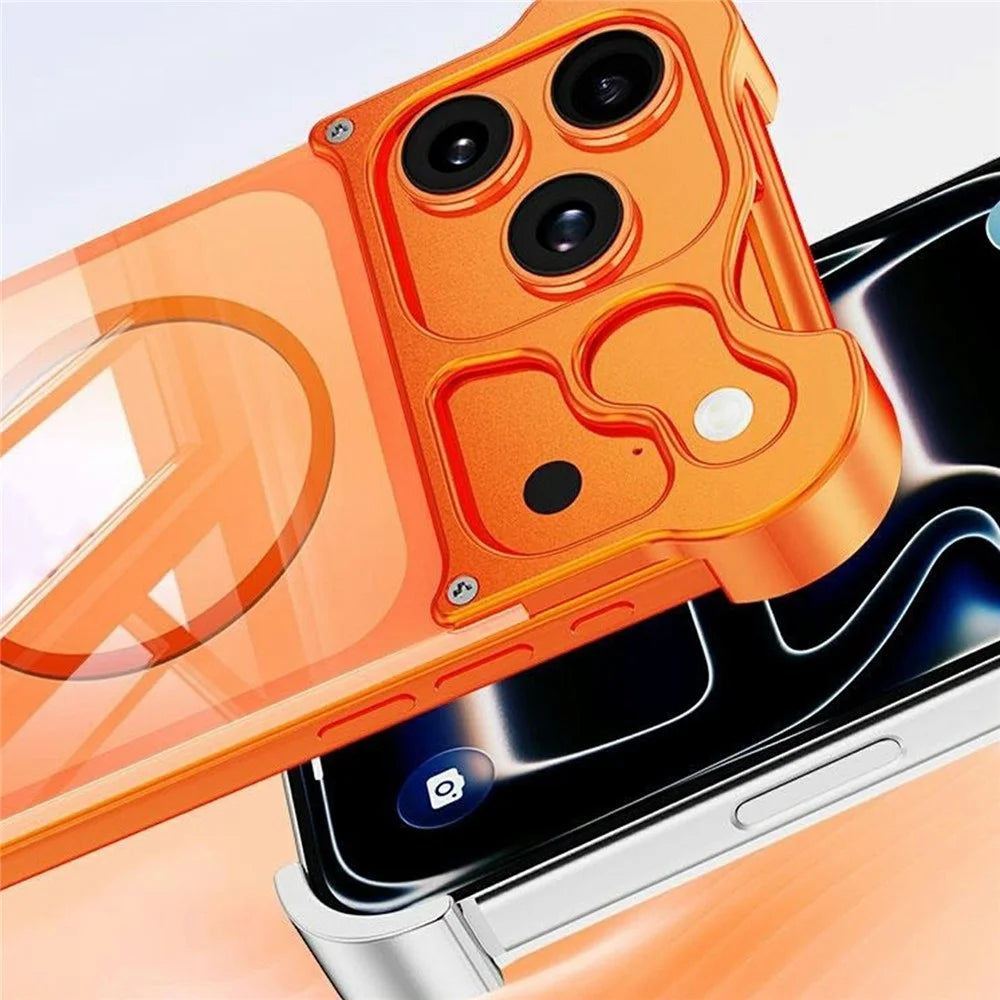 For iPhone 17 Pro Max Magnetic Case Aluminum Alloy + PC Clear Transparent Frameless Phone Cover - Orange - 4