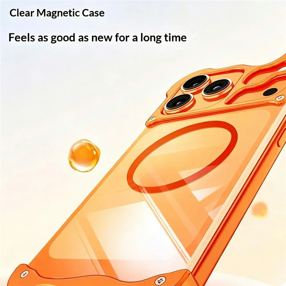 For iPhone 17 Pro Max Magnetic Case Aluminum Alloy + PC Clear Transparent Frameless Phone Cover - Orange - 5