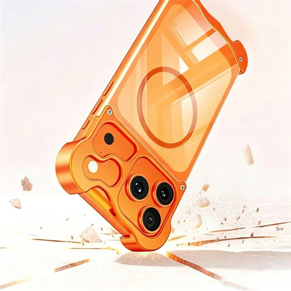 For iPhone 17 Pro Max Magnetic Case Aluminum Alloy + PC Clear Transparent Frameless Phone Cover - Orange - 6