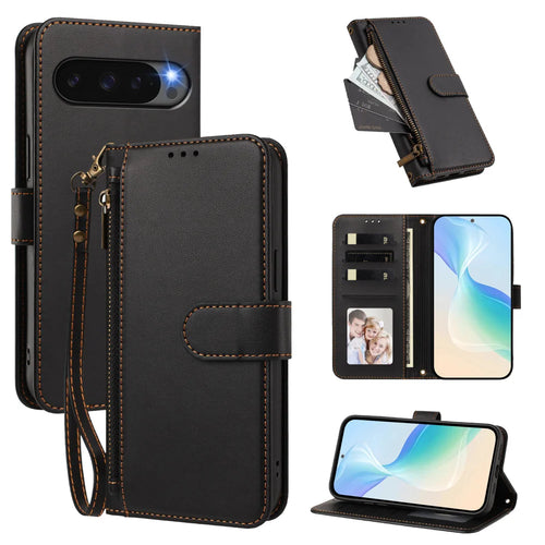 For Google Pixel 10 / Google Pixel 9 / Google Pixel 9 Pro / Google Pixel 10 Pro Case 4 Card Slots Wallet Stand PU Leather Phone Cover with Wrist Strap - Black - 1