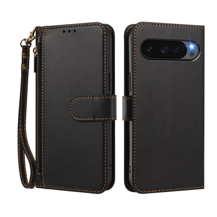 For Google Pixel 10 / Google Pixel 9 / Google Pixel 9 Pro / Google Pixel 10 Pro Case 4 Card Slots Wallet Stand PU Leather Phone Cover with Wrist Strap - Black - 2