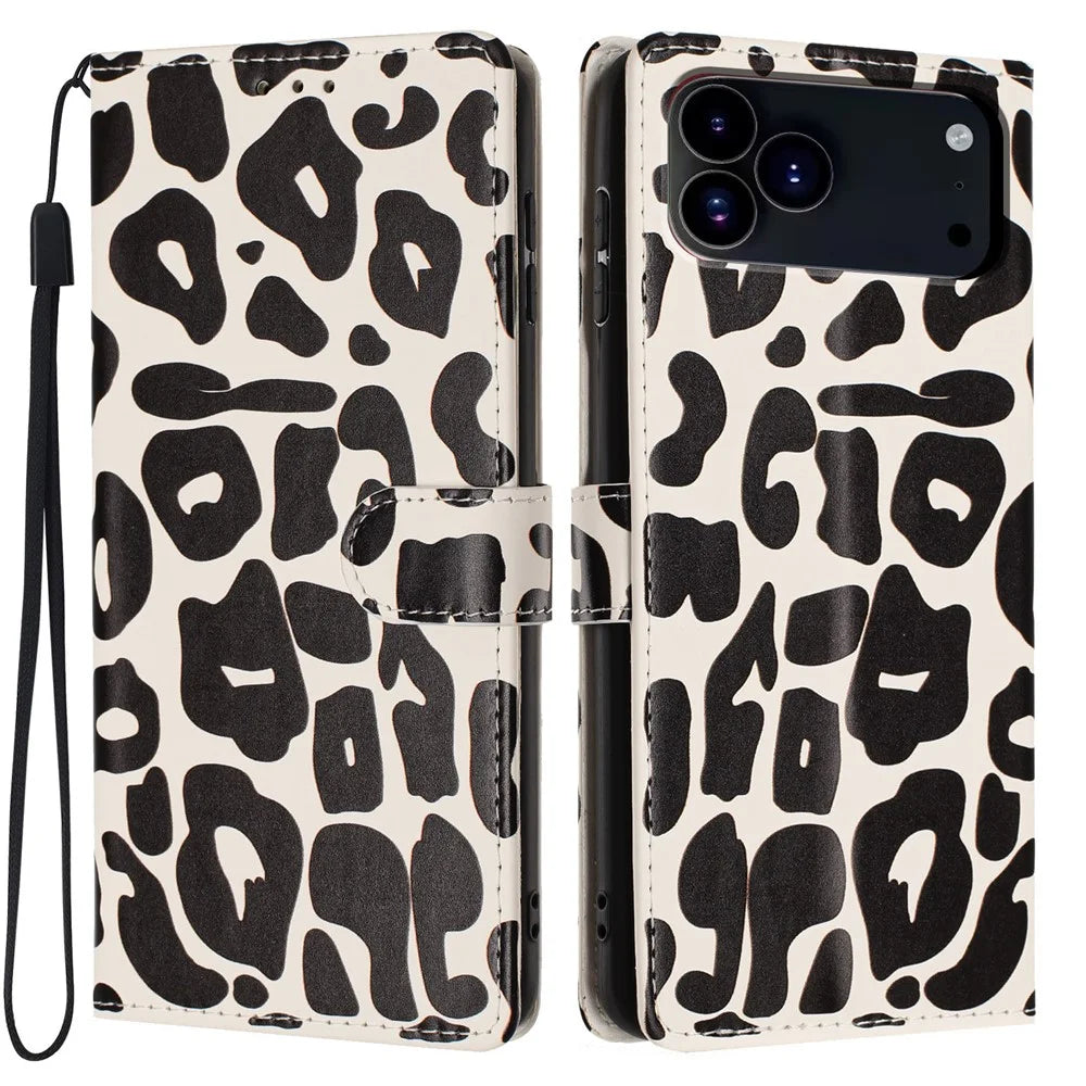For iPhone 17 Pro Max Case Leopard Print Wallet Stand Flip Leather Phone Cover with Wrist Strap - Black - 1