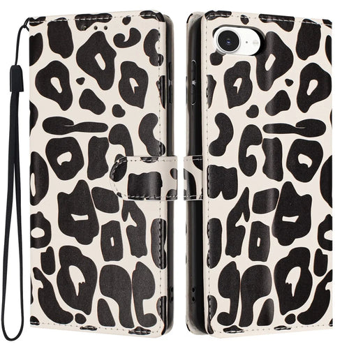 For iPhone 17e  /  16e Case Leopard Print Wallet Stand Flip Leather Phone Cover with Wrist Strap - Black - 1