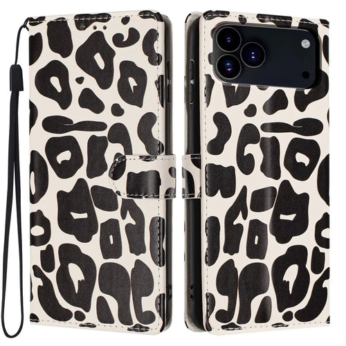 For iPhone 17 Pro Case Leopard Print Wallet Stand Flip Leather Phone Cover with Wrist Strap - Black - 1
