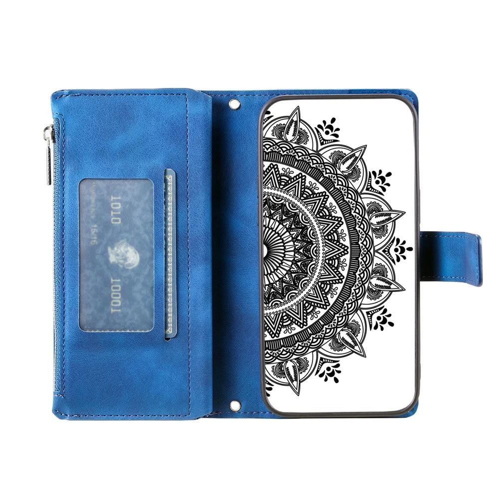 For iPhone 12 mini 5.4 inch Phone Stand Cover Multiple Card Slots PU Leather Wallet Zipper Pocket Mandala Flower Imprinted Phone Case - Blue - 2
