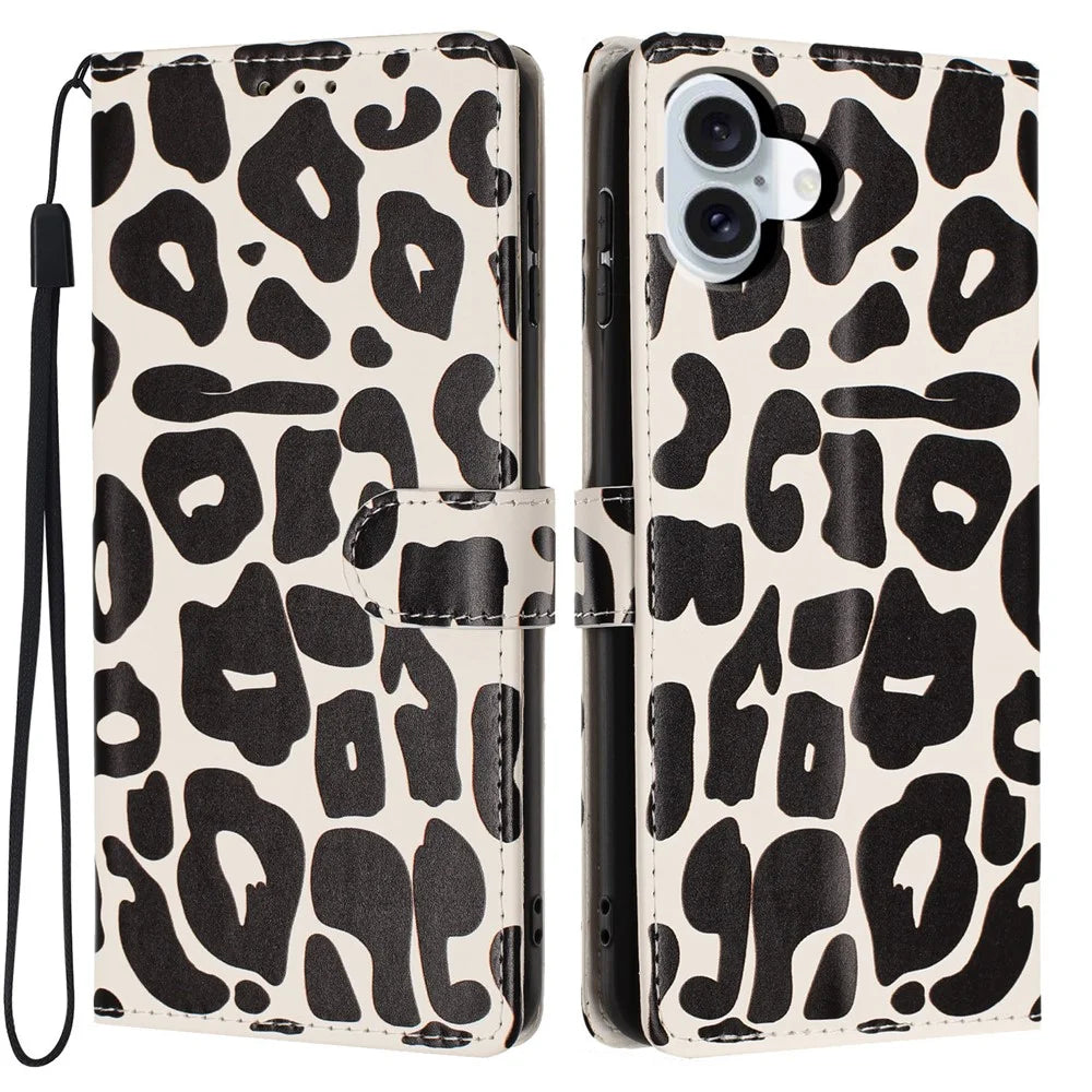For iPhone 17 Case Leopard Print Wallet Stand Flip Leather Phone Cover with Wrist Strap - Black - 1