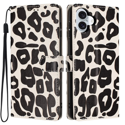 For iPhone 16 Case Leopard Print Wallet Stand Flip Leather Phone Cover with Wrist Strap - Black - 1