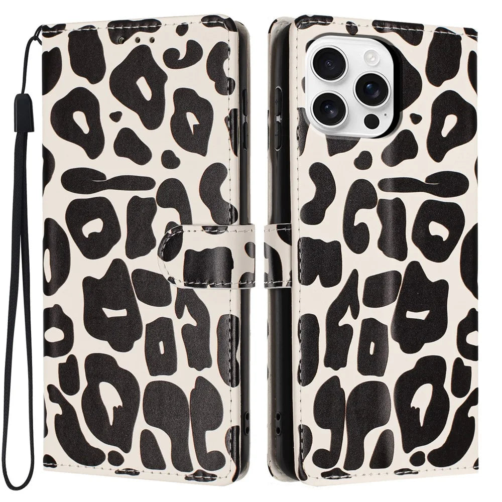 For iPhone 16 Pro Case Leopard Print Wallet Stand Flip Leather Phone Cover with Wrist Strap - Black - 1