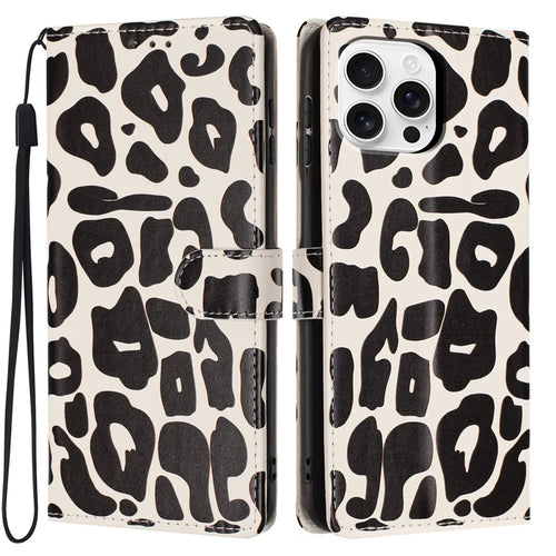 For iPhone 16 Pro Case Leopard Print Wallet Stand Flip Leather Phone Cover with Wrist Strap - Black - 1