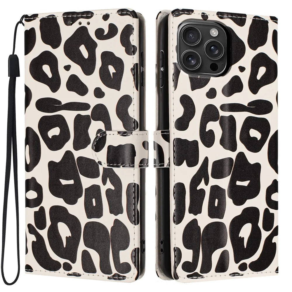 For iPhone 16 Pro Max Case Leopard Print Wallet Stand Flip Leather Phone Cover with Wrist Strap - Black - 1