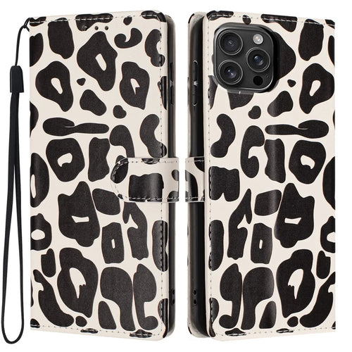 For iPhone 16 Pro Max Case Leopard Print Wallet Stand Flip Leather Phone Cover with Wrist Strap - Black - 1