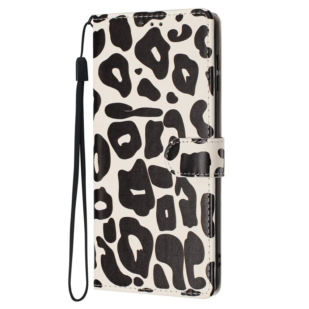 For iPhone 16 Pro Max Case Leopard Print Wallet Stand Flip Leather Phone Cover with Wrist Strap - Black - 6