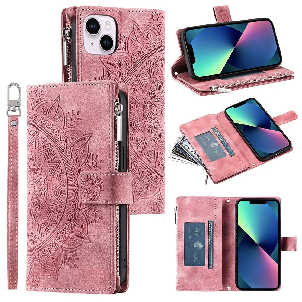For iPhone 13 mini 5.4 inch PU Leather Mandala Flower Imprinted Wallet Case Multiple Card Slots Magnetic Closure Zipper Pocket Stand Cover with Strap - Rose Gold - 1