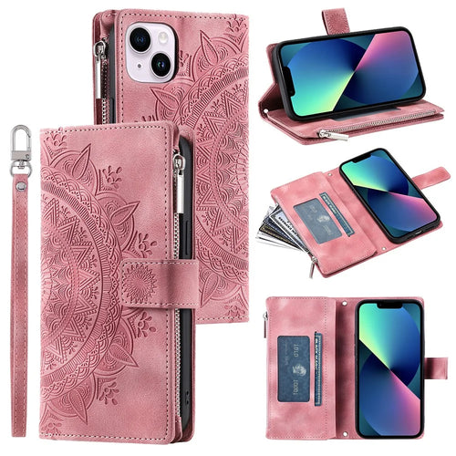 For iPhone 13 mini 5.4 inch PU Leather Mandala Flower Imprinted Wallet Case Multiple Card Slots Magnetic Closure Zipper Pocket Stand Cover with Strap - Rose Gold - 1