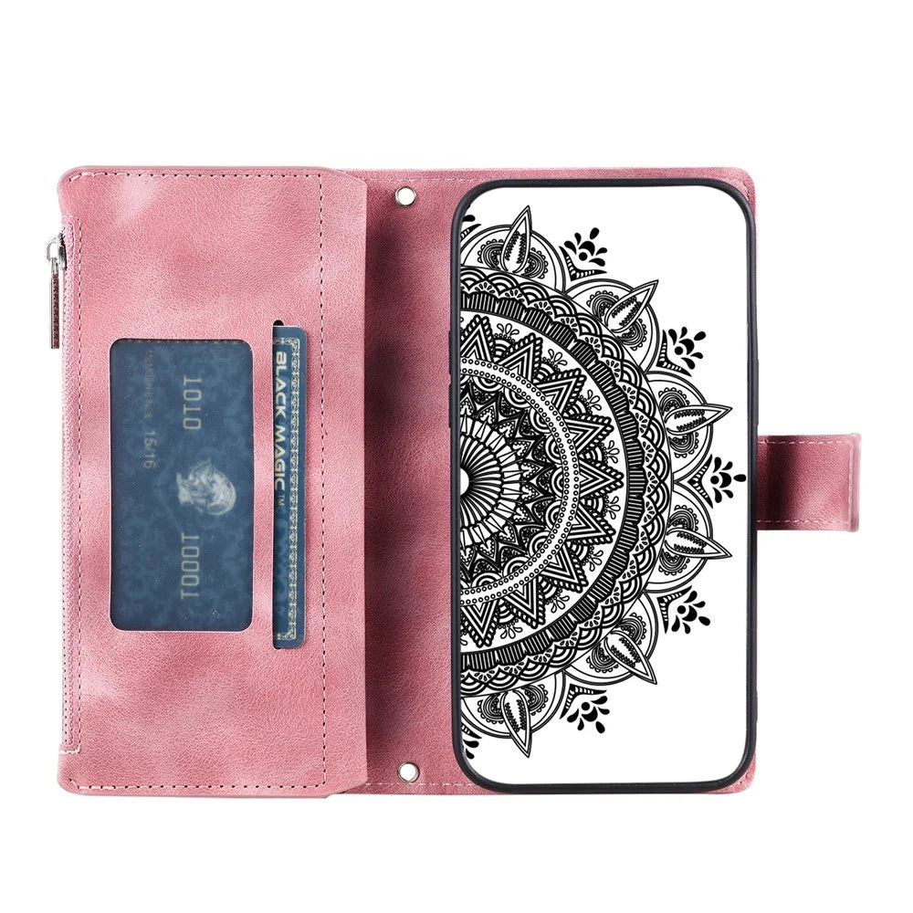 For iPhone 13 mini 5.4 inch PU Leather Mandala Flower Imprinted Wallet Case Multiple Card Slots Magnetic Closure Zipper Pocket Stand Cover with Strap - Rose Gold - 2