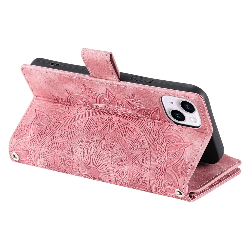 For iPhone 13 mini 5.4 inch PU Leather Mandala Flower Imprinted Wallet Case Multiple Card Slots Magnetic Closure Zipper Pocket Stand Cover with Strap - Rose Gold - 4