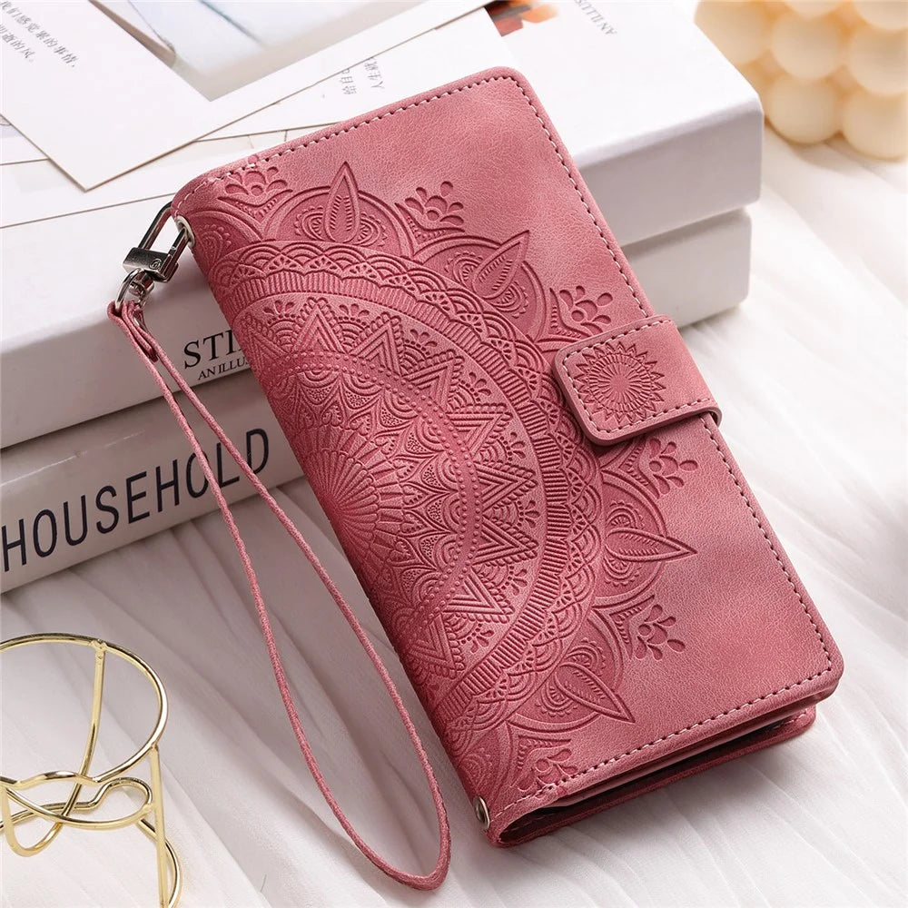 For iPhone 13 mini 5.4 inch PU Leather Mandala Flower Imprinted Wallet Case Multiple Card Slots Magnetic Closure Zipper Pocket Stand Cover with Strap - Rose Gold - 7