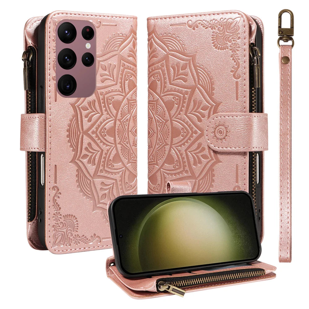 For Samsung Galaxy S23 Ultra Wallet Case 9 Card Slots RFID Blocking Mandala Embossed Leather Flip Cover with Wrist Strap - Rose Gold - 1