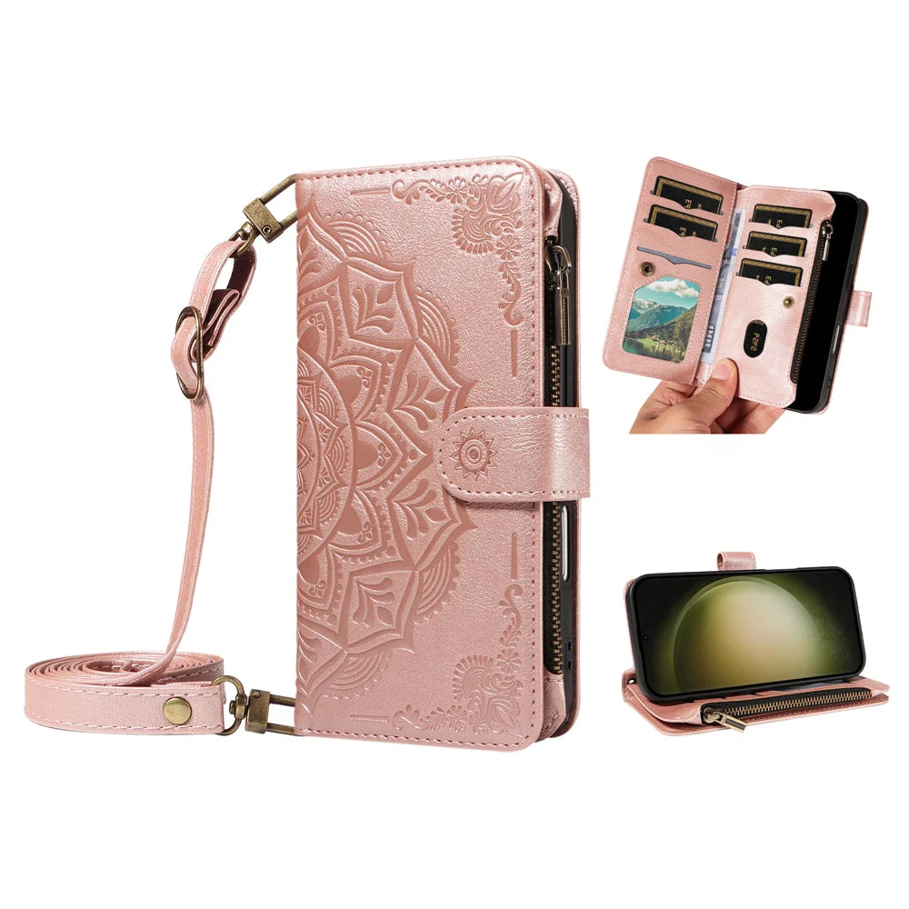 For Samsung Galaxy S23 Ultra Wallet Case 9 Card Slots RFID Blocking Mandala Embossed Leather Flip Cover with Wrist Strap - Rose Gold - 2